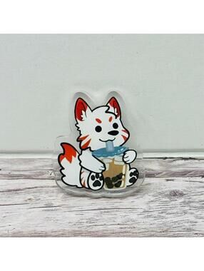 Kitsune Fox Sitting Fluffy Fox White/Red Boba Acrylic Pin New